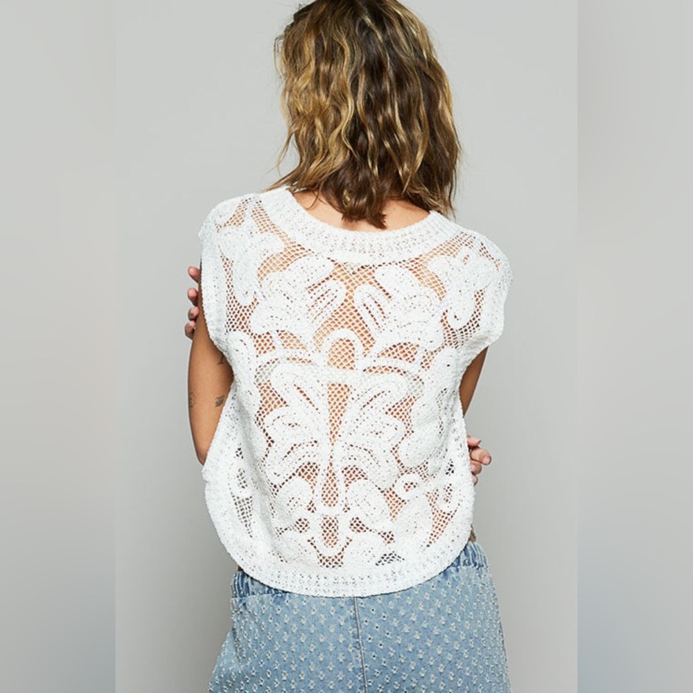 POL Romantic Boho Round Neck White Crochet Loose Knit Sleeveless Sweater Top OS - Picture 5 of 15